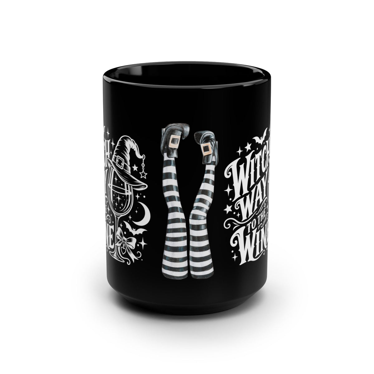 Witch Way to the Wine? Black 15oz Mug — Funny Halloween Witch Wine Lover Gift