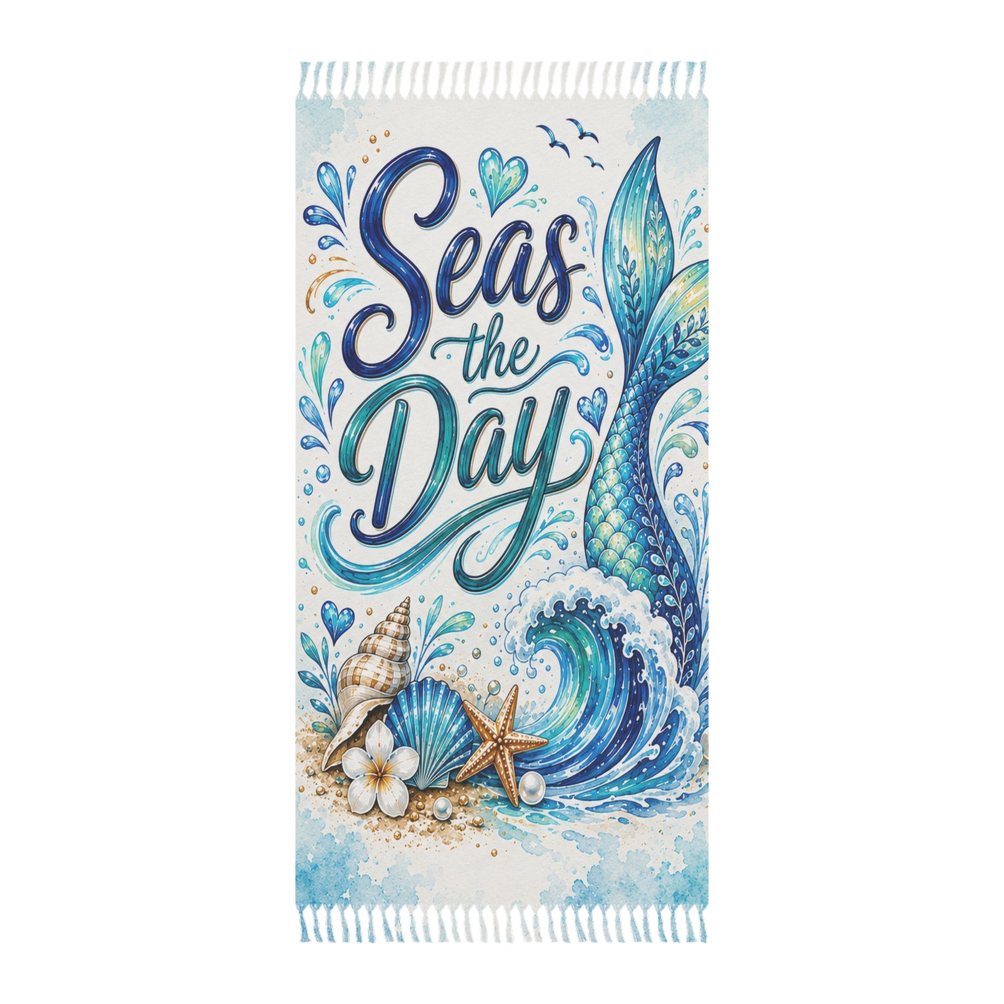 Seas the Day Boho Beach Towel — Mermaid Tail & Seashell Coastal Beach Blanket