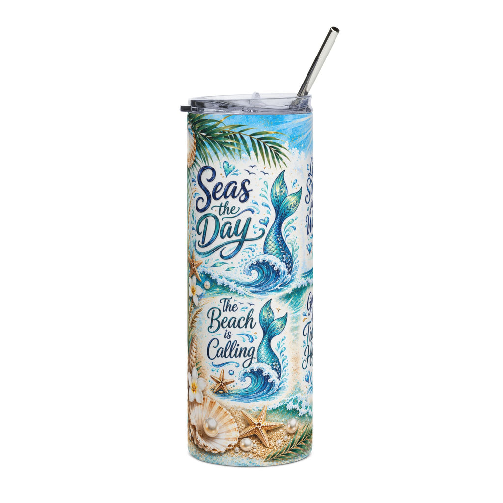 20oz Stainless Tumbler — "Seas the Day" Mermaid Beach Watercolor Travel Mug