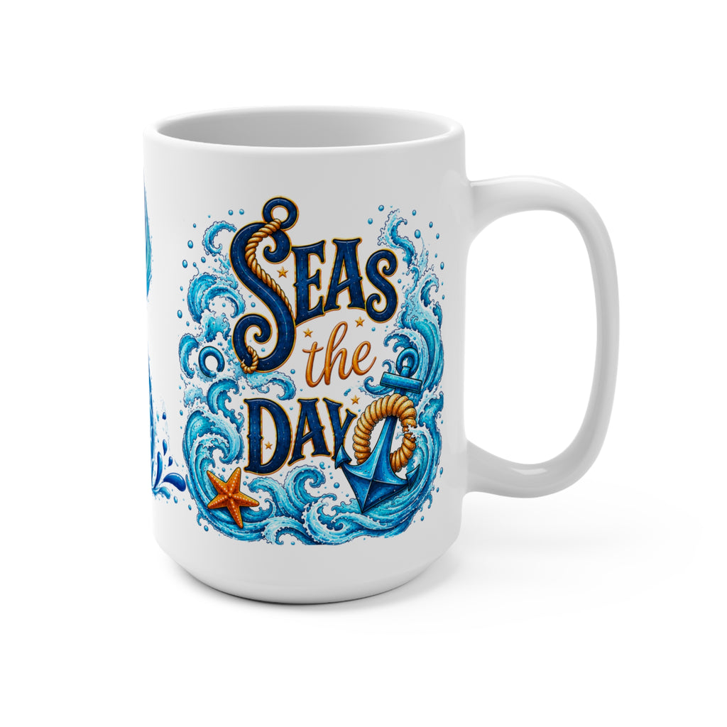 Seas the Day 15oz Mermaid Tail Coffee Mug — Nautical Ocean Waves Design