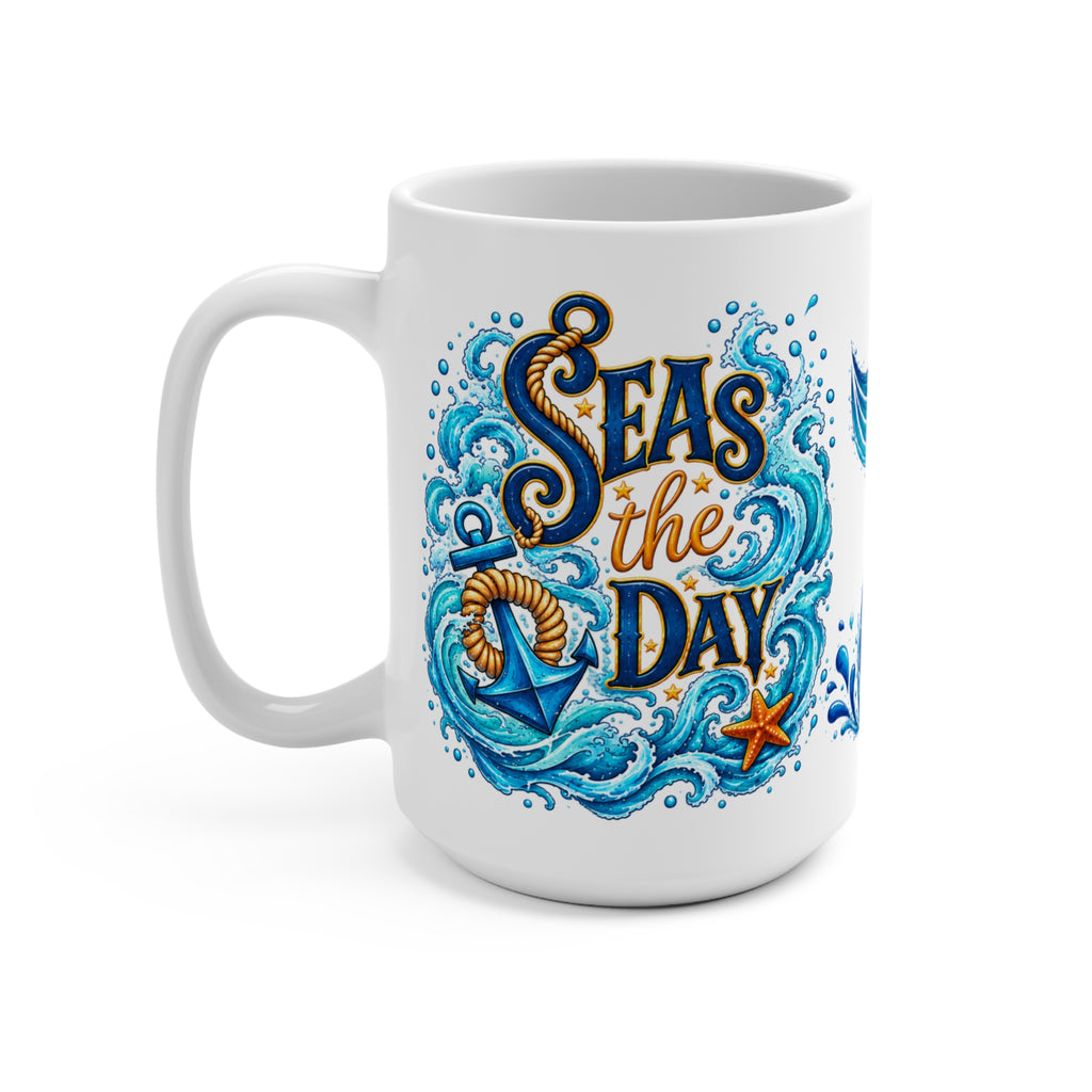 Seas the Day 15oz Mermaid Tail Coffee Mug — Nautical Ocean Waves Design