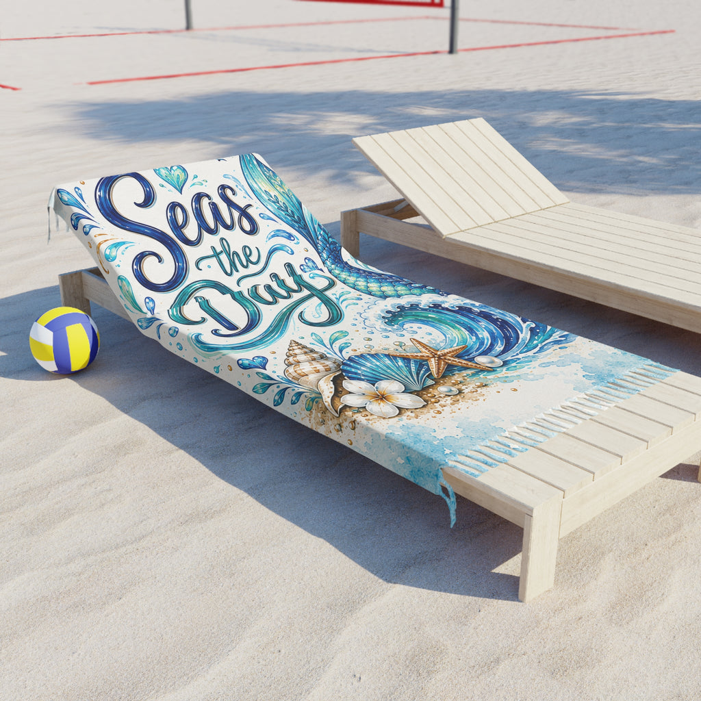 Seas the Day Boho Beach Towel — Mermaid Tail & Seashell Coastal Beach Blanket