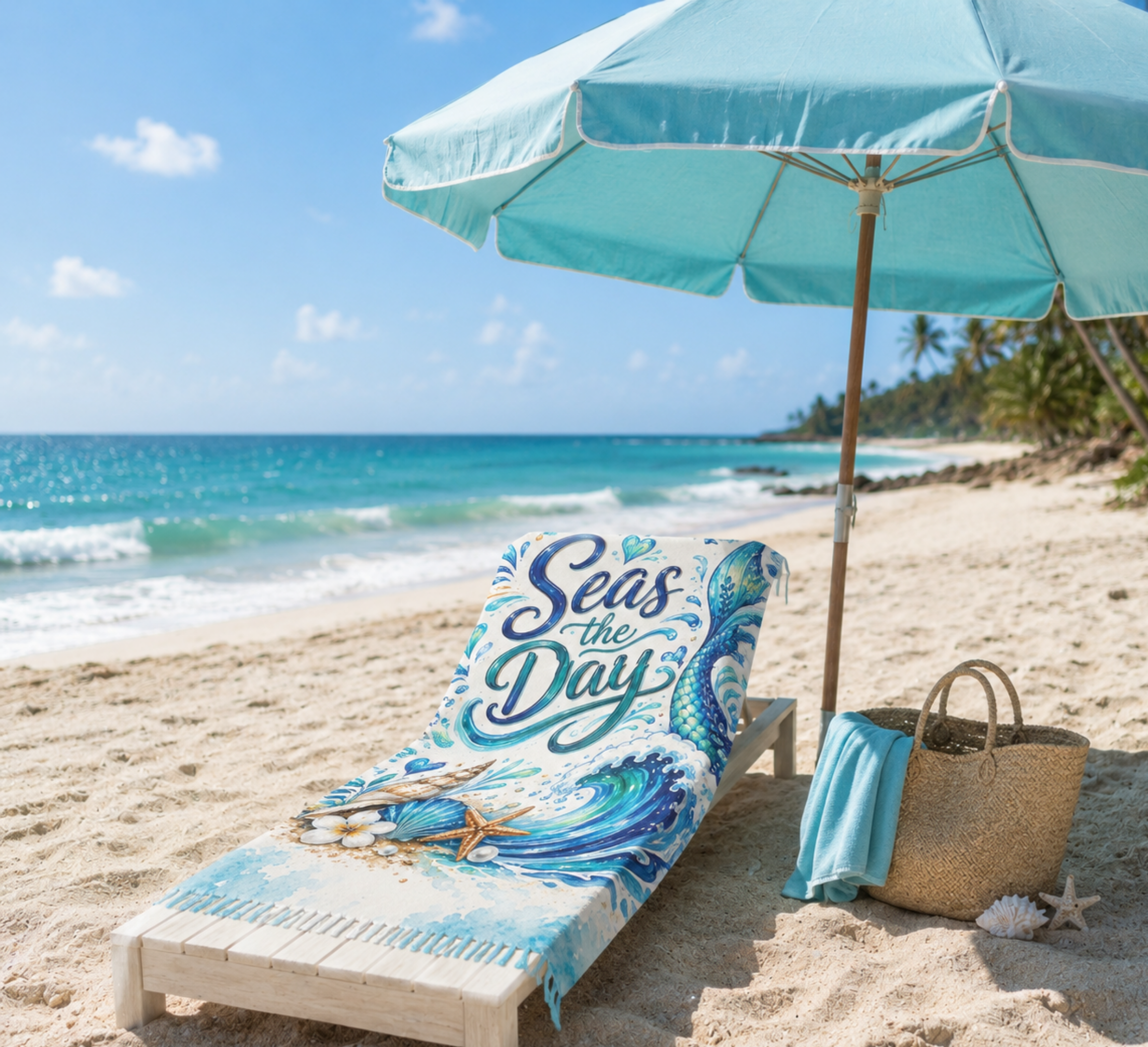Seas the Day Boho Beach Towel — Mermaid Tail & Seashell Coastal Beach Blanket