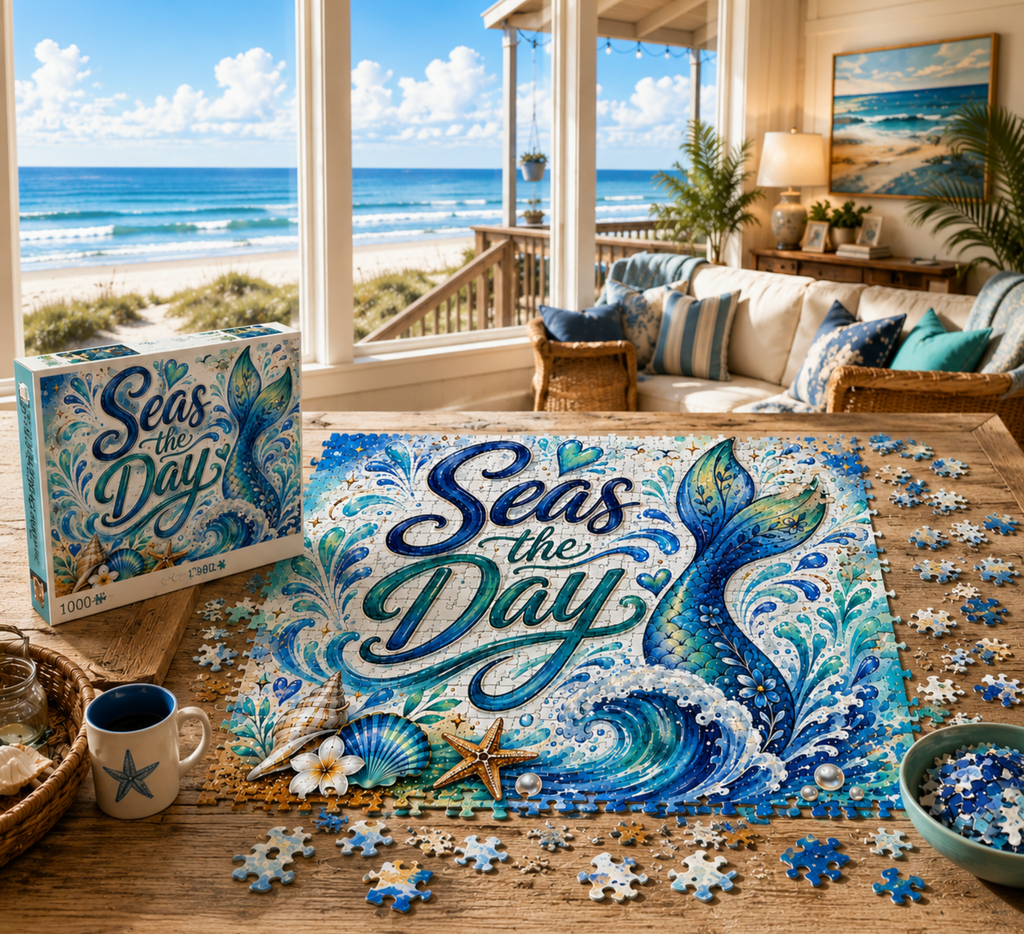 Seas the Day Mermaid Puzzle - Ocean Beach Shark Themed Jigsaw (96–1000 pc)