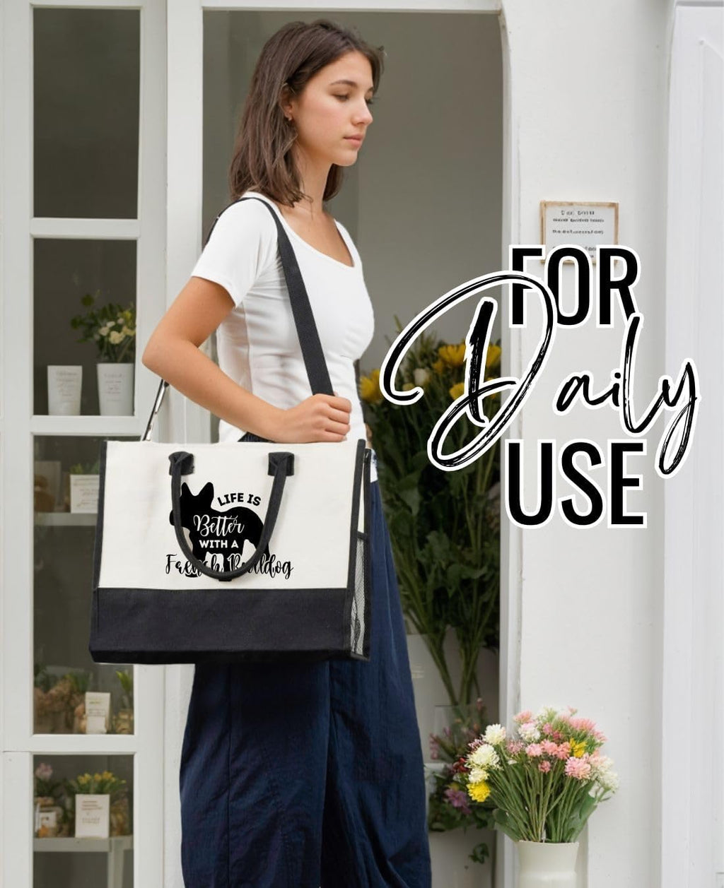 InnoBeta French Bulldog Gifts Canvas Tote Bag for Women, Important French Bulldog Lover Mom Stuff Bag for Birthday, Thanksgiving, Christmas -Life