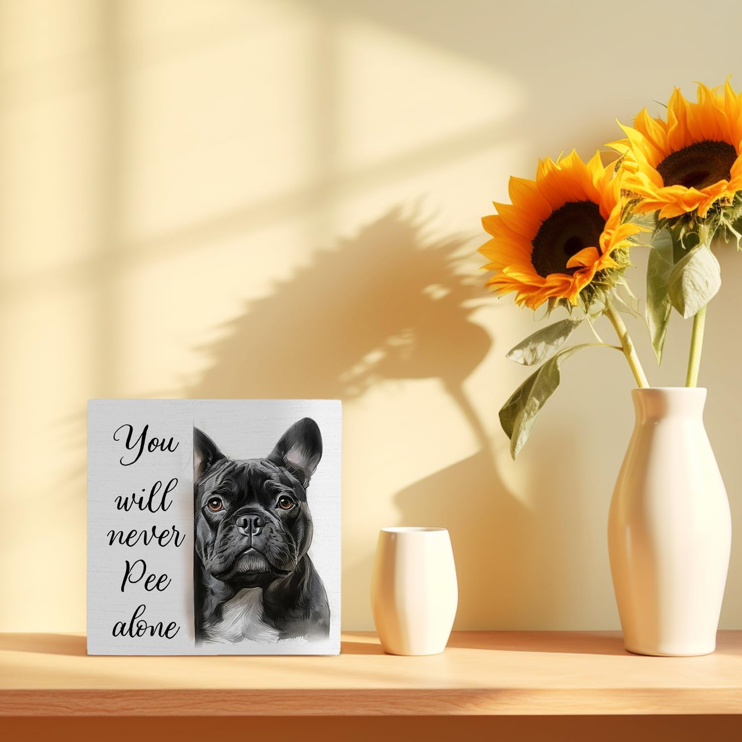 Funny French Bulldog Bathroom Wood Box Sign 5x5 Inch, Frenchie Dog Bathroom Decor, Gifts for French Bulldog Lovers Wood Box Signs for Bath Room Washroom Toilet Restroom Shelf Counter Decor