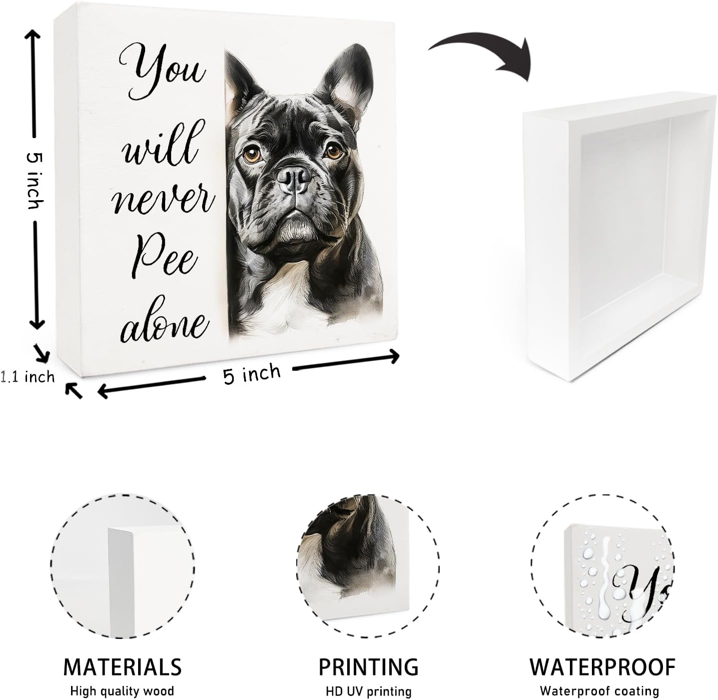 Funny French Bulldog Bathroom Wood Box Sign 5x5 Inch, Frenchie Dog Bathroom Decor, Gifts for French Bulldog Lovers Wood Box Signs for Bath Room Washroom Toilet Restroom Shelf Counter Decor