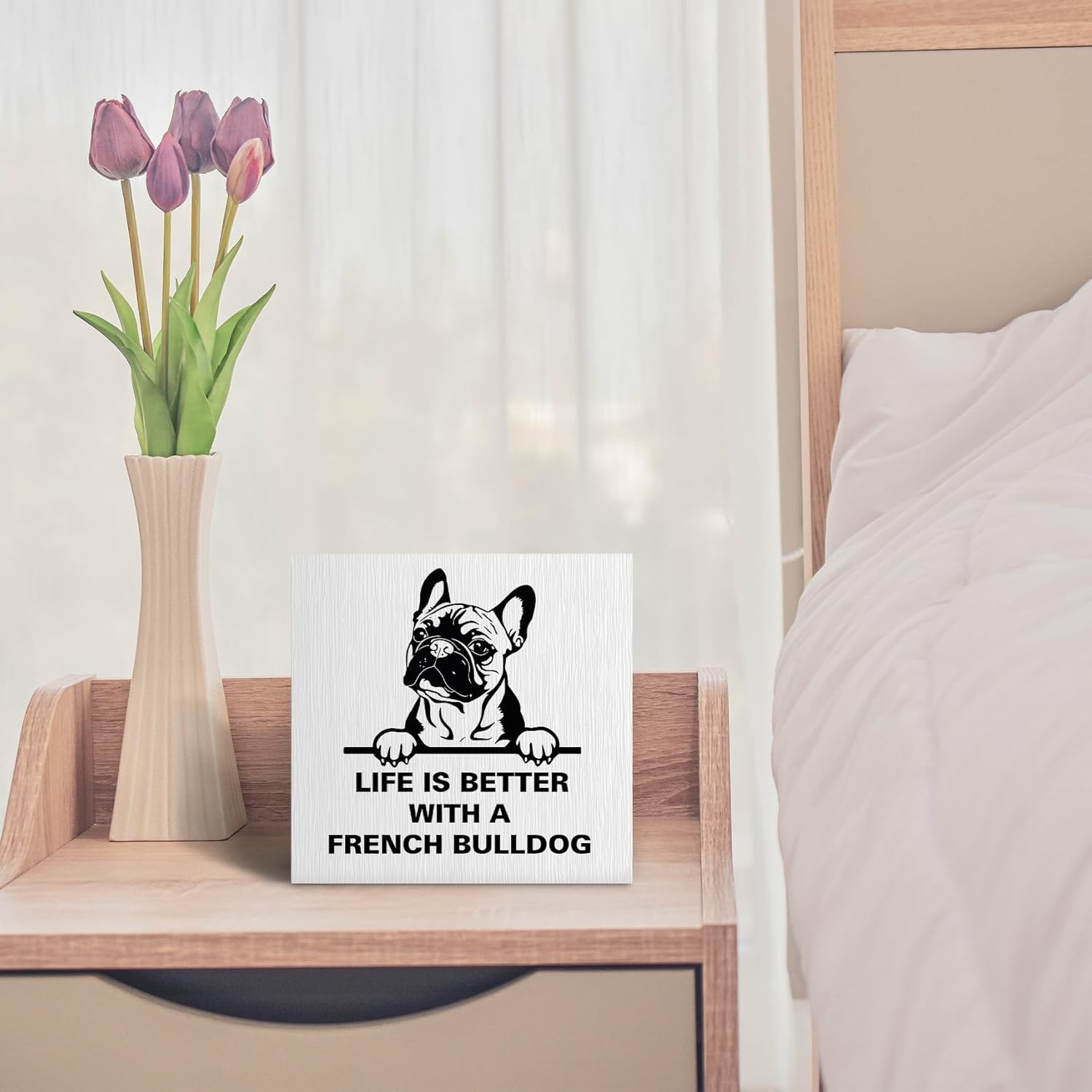 Life Is Better with A French Bulldog Wooden Box Sign, French Bulldog Gifts, French Bulldog Decor, Dog Mom Gifts for Women, Dog Lover Gifts Wood Block Box Sign for Home Wall Shelf Decor