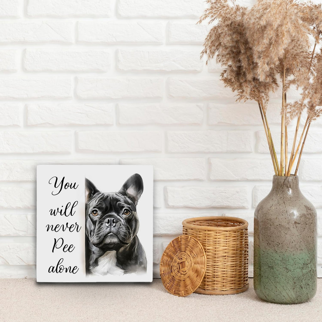 Funny French Bulldog Bathroom Wood Box Sign 5x5 Inch, Frenchie Dog Bathroom Decor, Gifts for French Bulldog Lovers Wood Box Signs for Bath Room Washroom Toilet Restroom Shelf Counter Decor