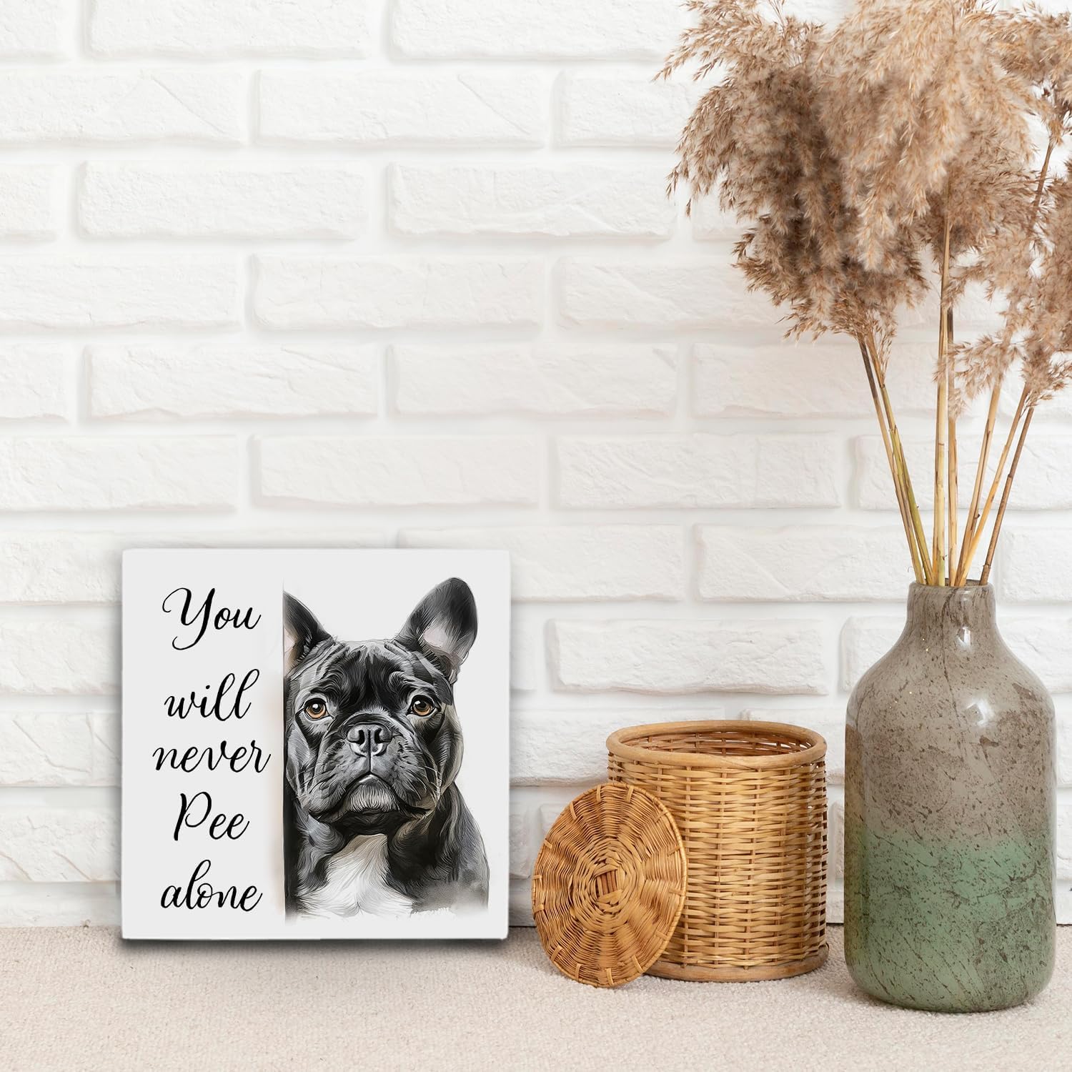 Funny French Bulldog Bathroom Wood Box Sign 5x5 Inch, Frenchie Dog Bathroom Decor, Gifts for French Bulldog Lovers Wood Box Signs for Bath Room Washroom Toilet Restroom Shelf Counter Decor