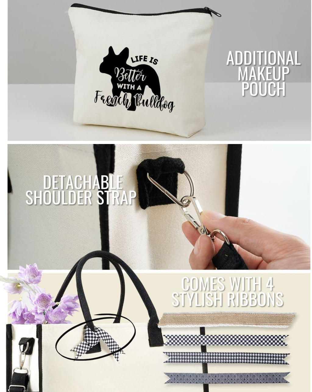 InnoBeta French Bulldog Gifts Canvas Tote Bag for Women, Important French Bulldog Lover Mom Stuff Bag for Birthday, Thanksgiving, Christmas -Life