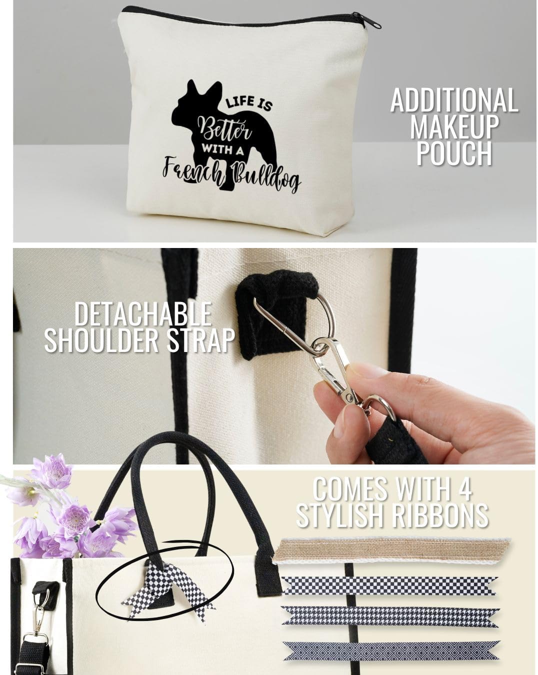 InnoBeta French Bulldog Gifts Canvas Tote Bag for Women, Important French Bulldog Lover Mom Stuff Bag for Birthday, Thanksgiving, Christmas -Life