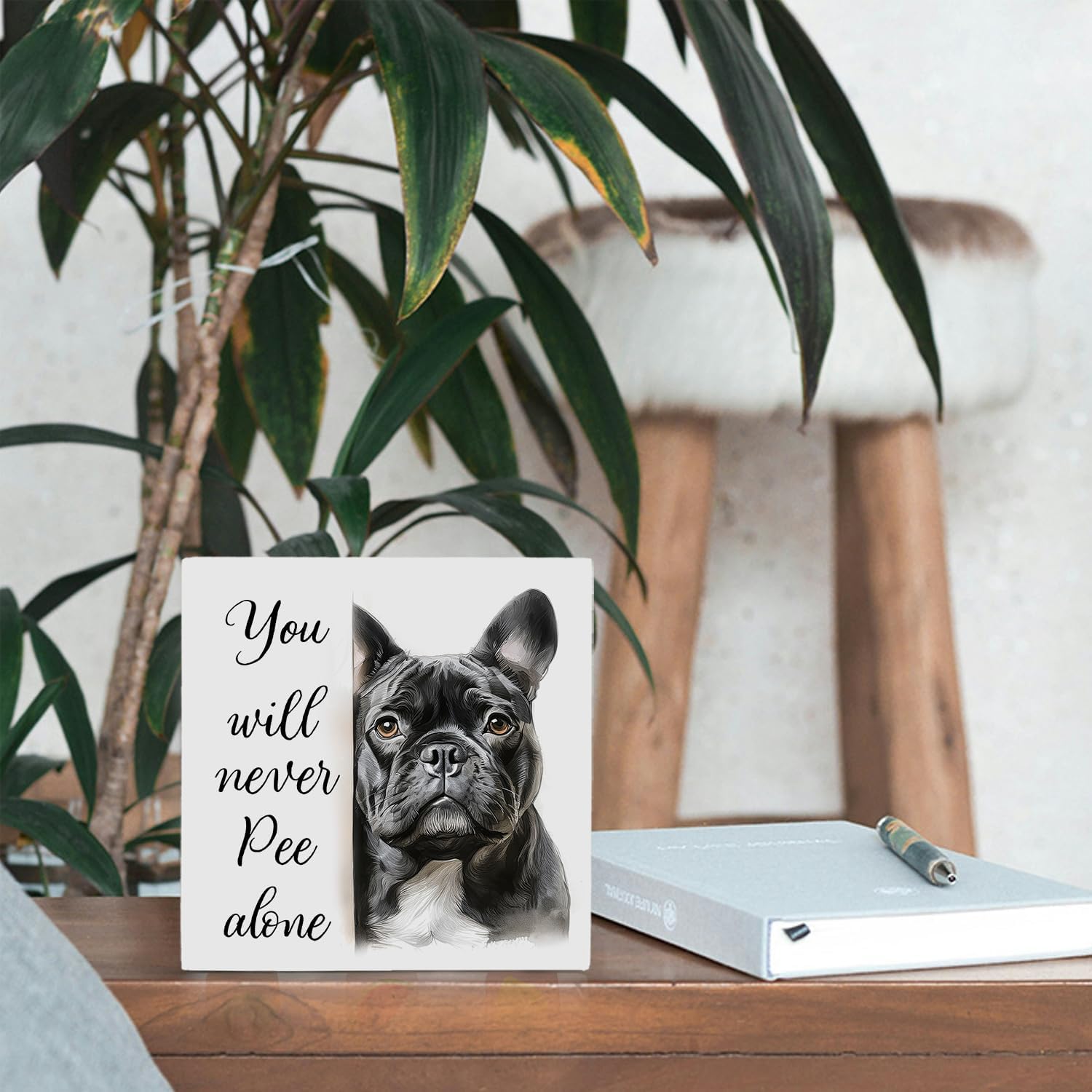 Funny French Bulldog Bathroom Wood Box Sign 5x5 Inch, Frenchie Dog Bathroom Decor, Gifts for French Bulldog Lovers Wood Box Signs for Bath Room Washroom Toilet Restroom Shelf Counter Decor
