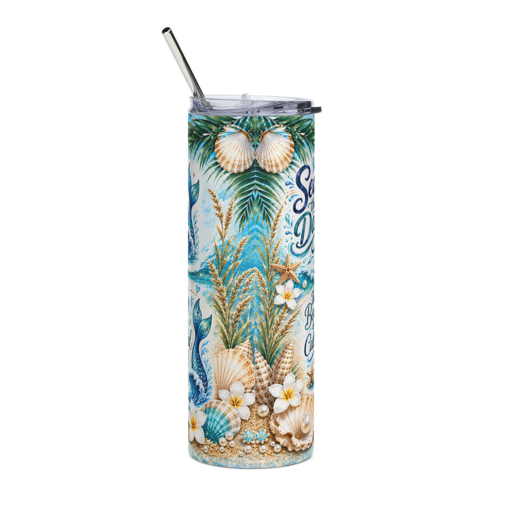20oz Stainless Tumbler — "Seas the Day" Mermaid Beach Watercolor Travel Mug