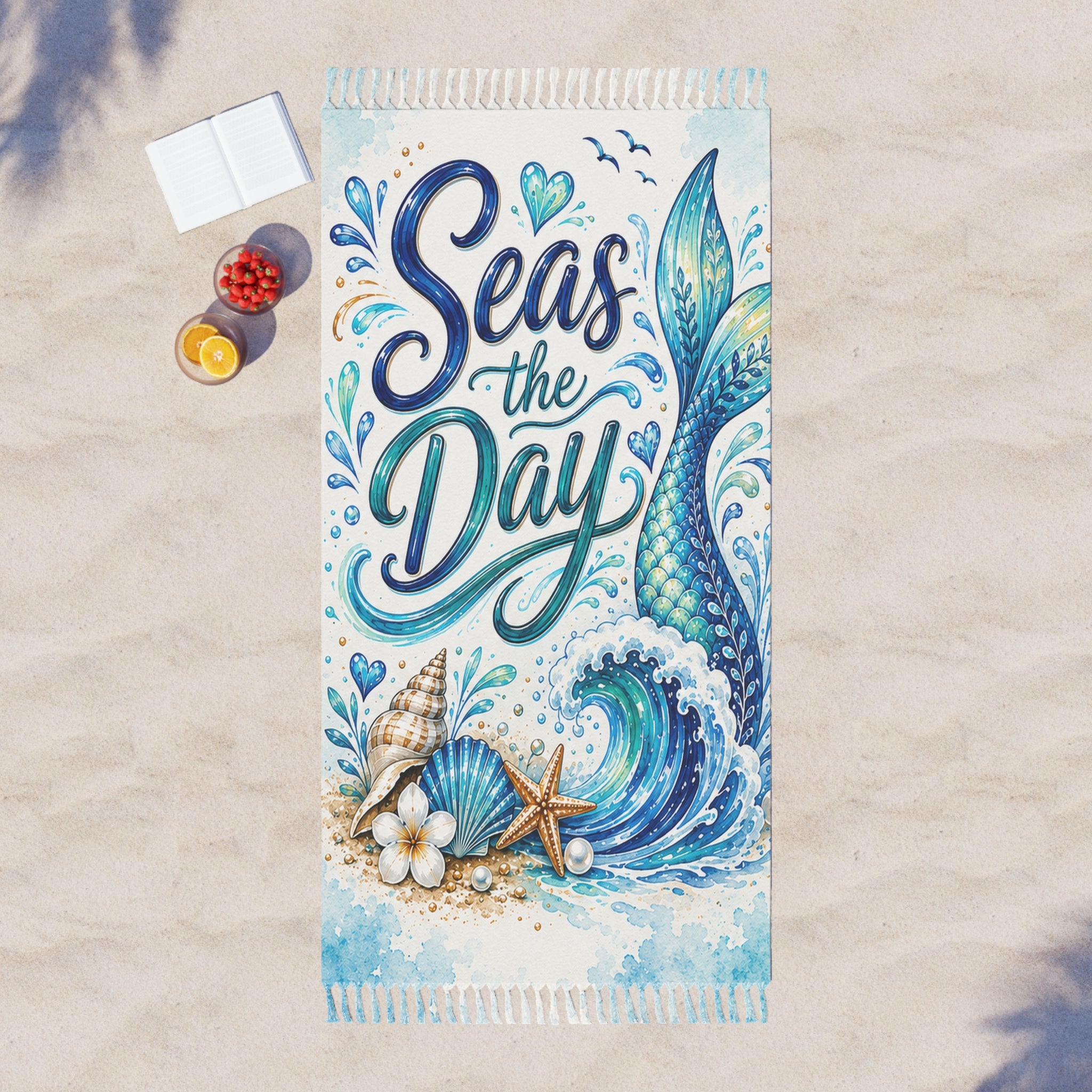 Seas the Day Boho Beach Towel — Mermaid Tail & Seashell Coastal Beach Blanket