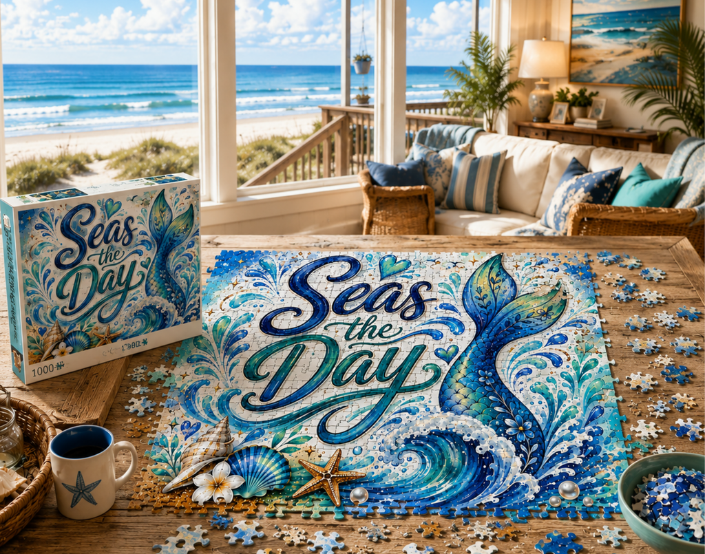 Seas the Day Mermaid Puzzle - Ocean Beach Shark Themed Jigsaw (96–1000 pc)