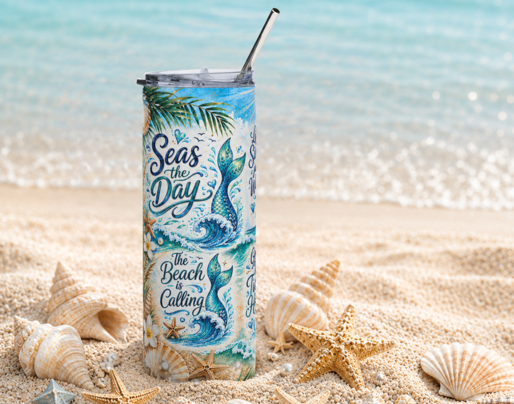 20oz Stainless Tumbler — "Seas the Day" Mermaid Beach Watercolor Travel Mug