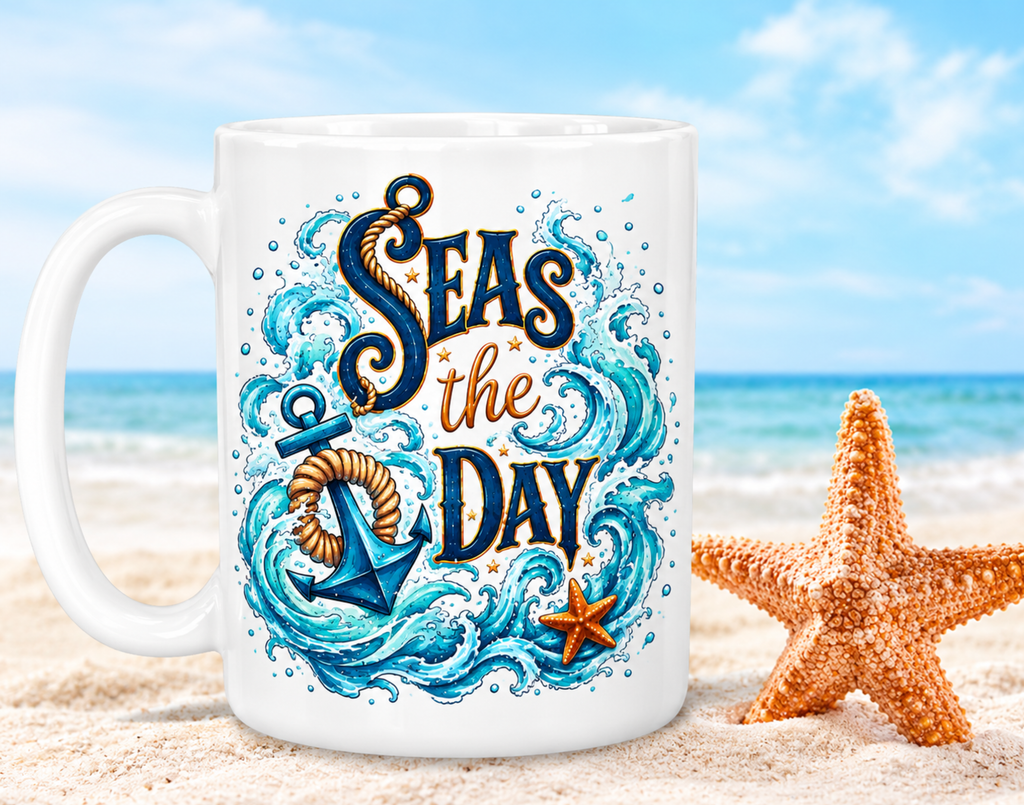 Seas the Day 15oz Mermaid Tail Coffee Mug — Nautical Ocean Waves Design