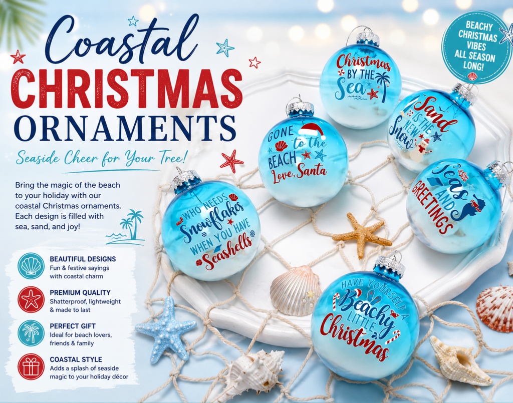 6Pcs Beach Christmas Ball Decor - Outdoor July Christmas Party Supplies for Summer Holiday Tree Hanging Ornaments
