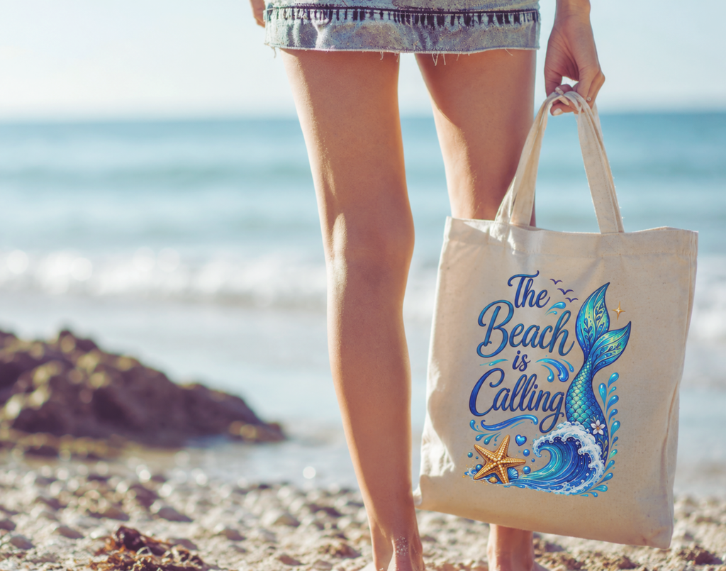 Beach Is Calling Tote Bag — Nautical Mermaid Wave Canvas Shopper