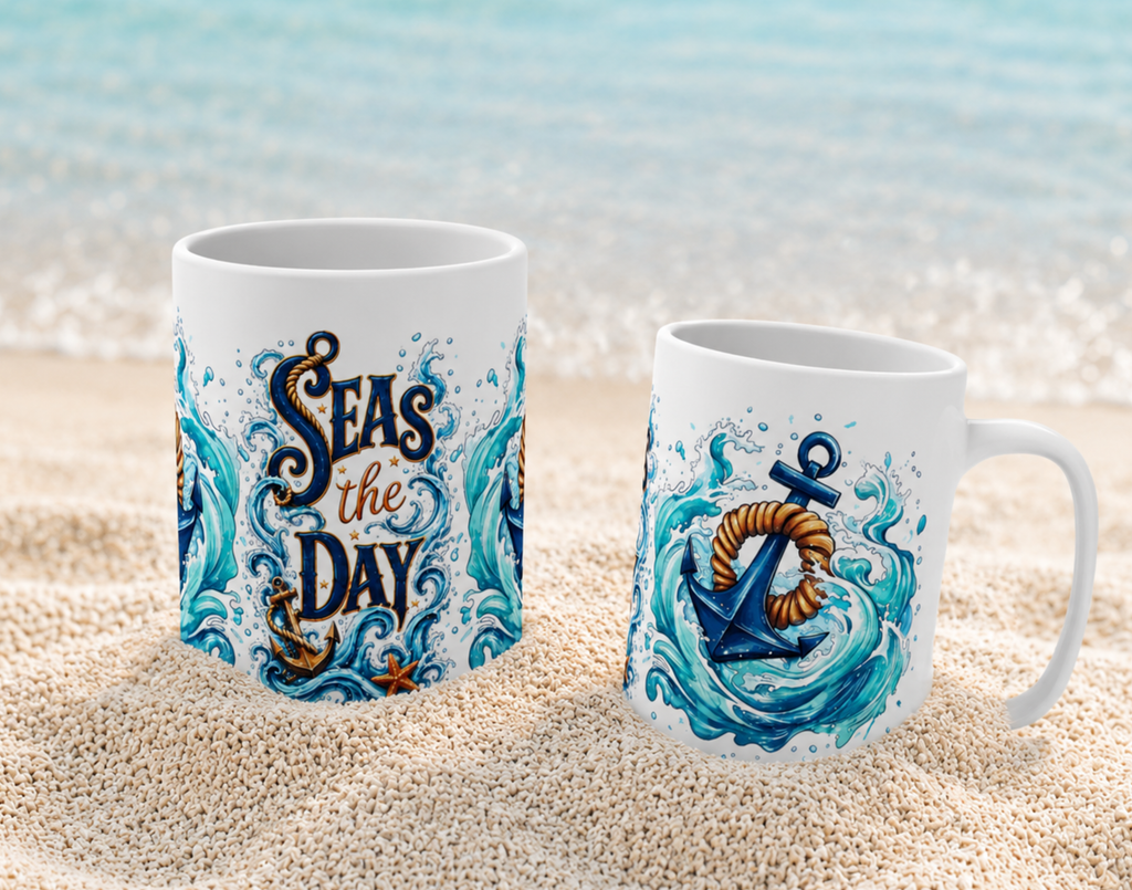 Mug — "Seas the Day" Nautical Anchor Coffee Mug (15 oz)