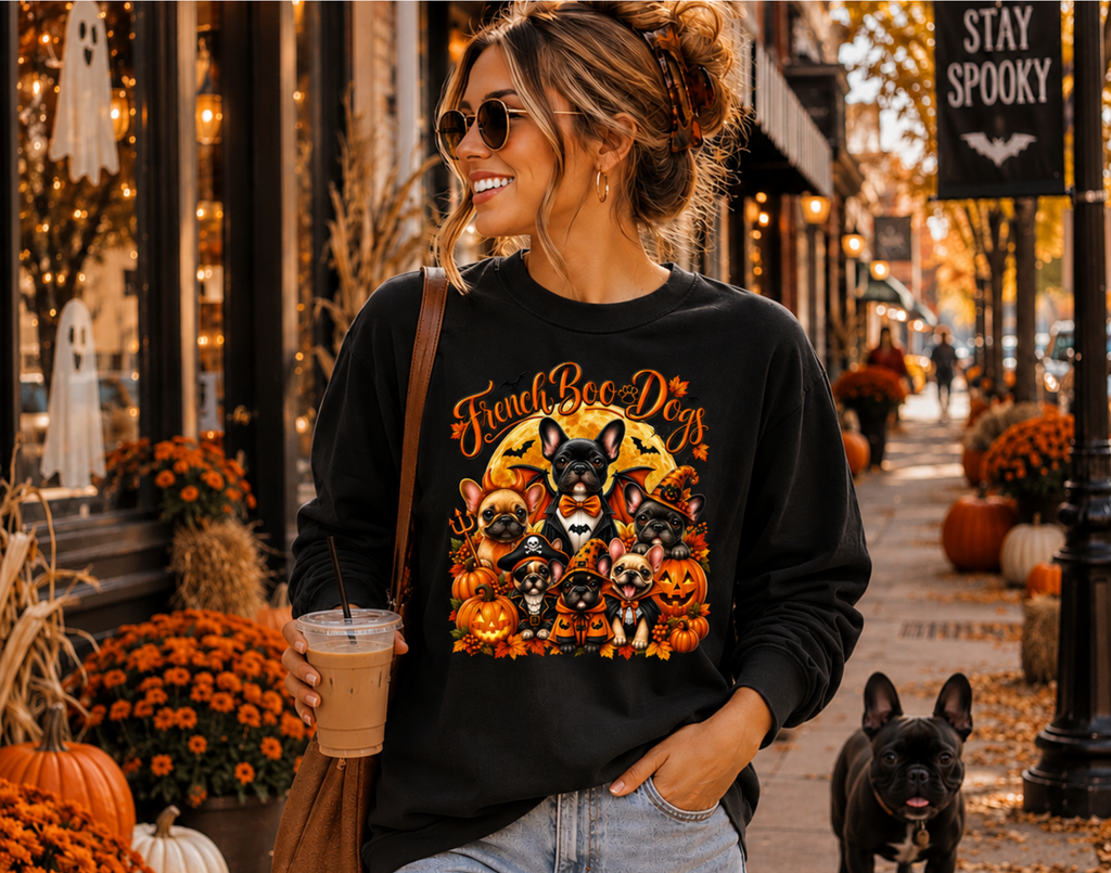 Halloween Frenchie Long Sleeve T‑Shirt — "French Boo-Do" Cute Pumpkin French Bulldog Design
