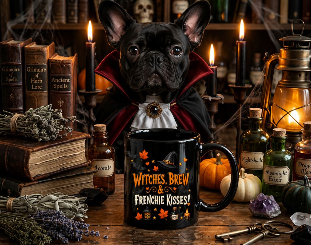 Witches, Brew & Frenchie Kisses Halloween Mug | French Bulldog  Halloween Coffee Mug
