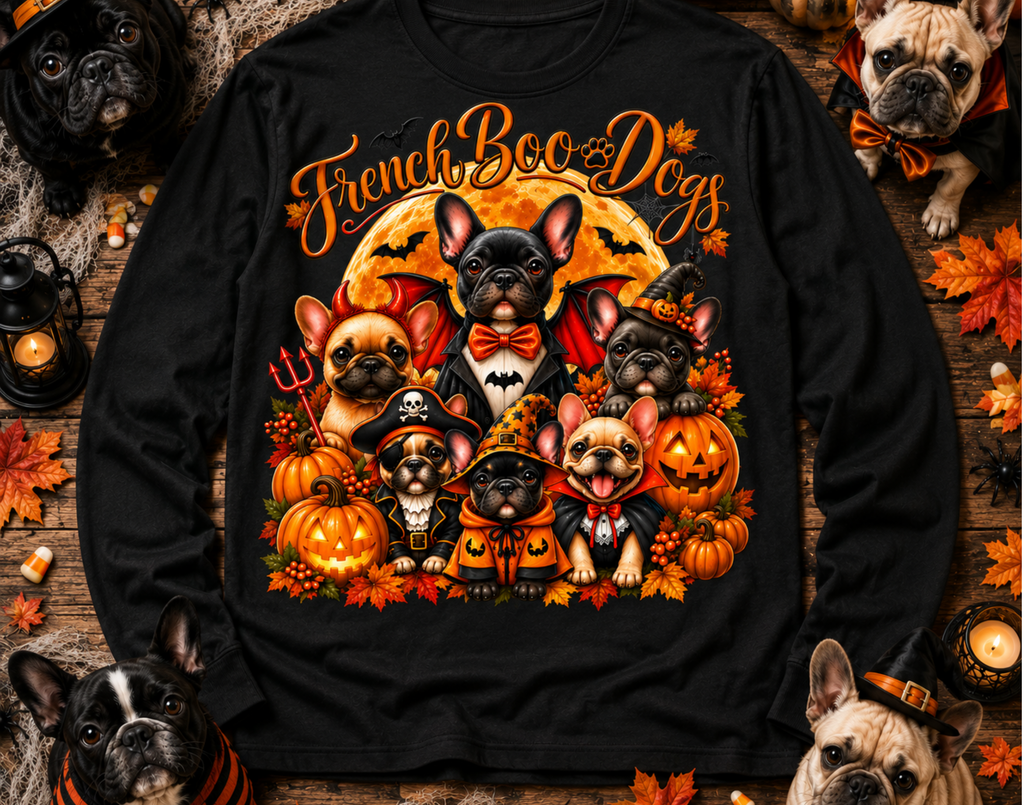 Halloween Frenchie Long Sleeve T‑Shirt — "French Boo-Do" Cute Pumpkin French Bulldog Design