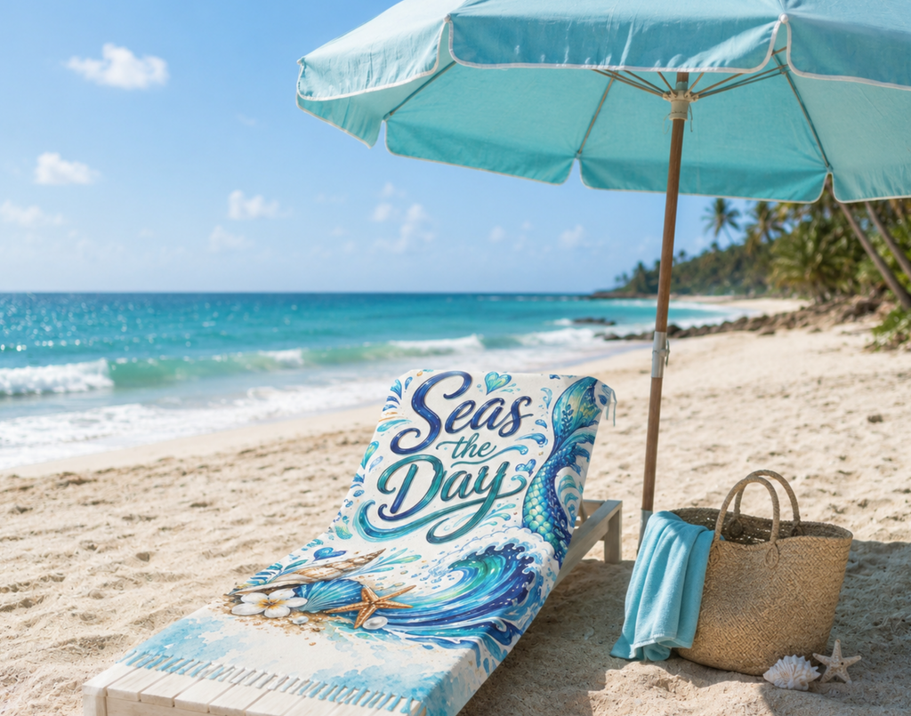 Seas the Day Boho Beach Towel — Mermaid Tail & Seashell Coastal Beach Blanket