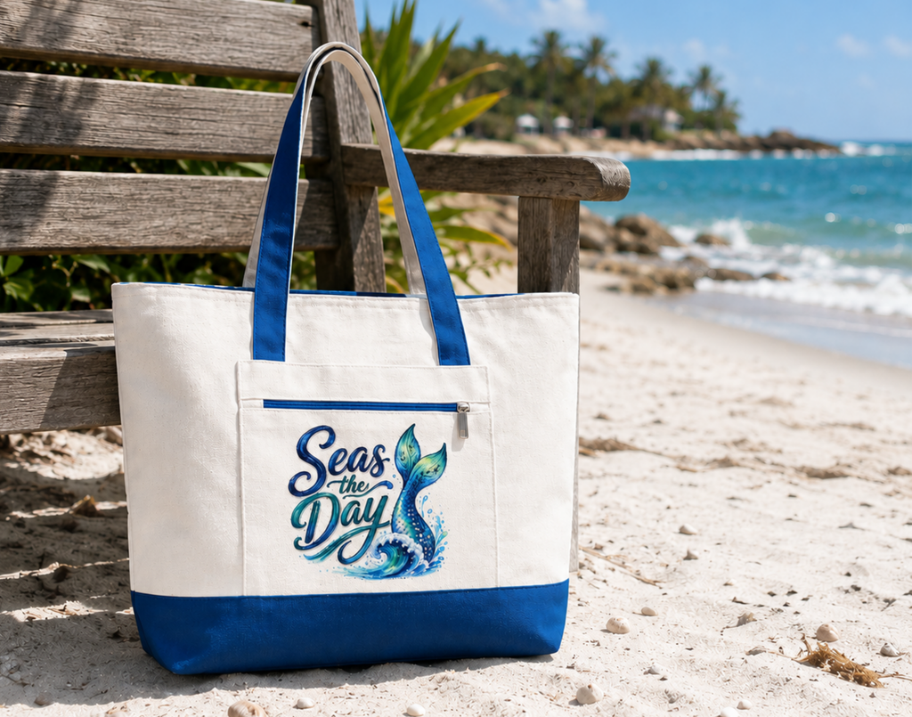 Sea the Day Canvas Tote — Mermaid Tail Beach Zippered Tote Bag