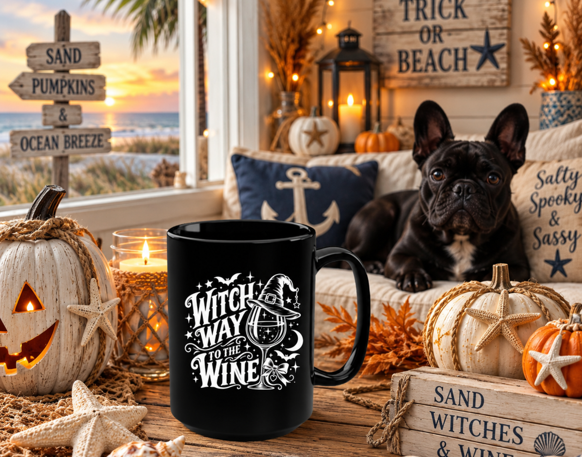 Witch Way to the Wine? Black 15oz Mug — Funny Halloween Witch Wine Lover Gift